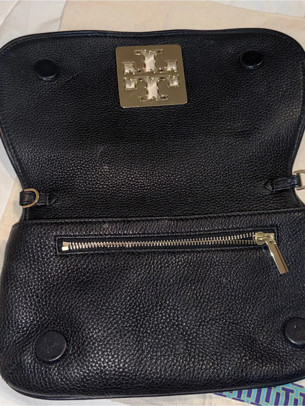 Tory Burch Black Pebbled Leather crossbody with Gold Logo